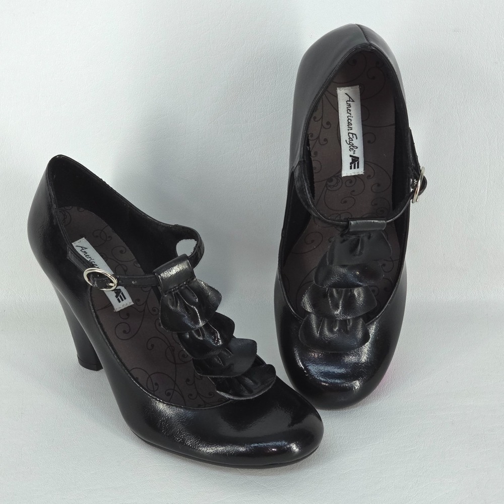 American Eagle Mary Jane Dress Heels Womens 6 Black Strap Minimalist Preppy Goth